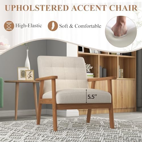 Mid-Century Accent Chairs Set of 2, Solid Wood for Living Room, Beige Linen