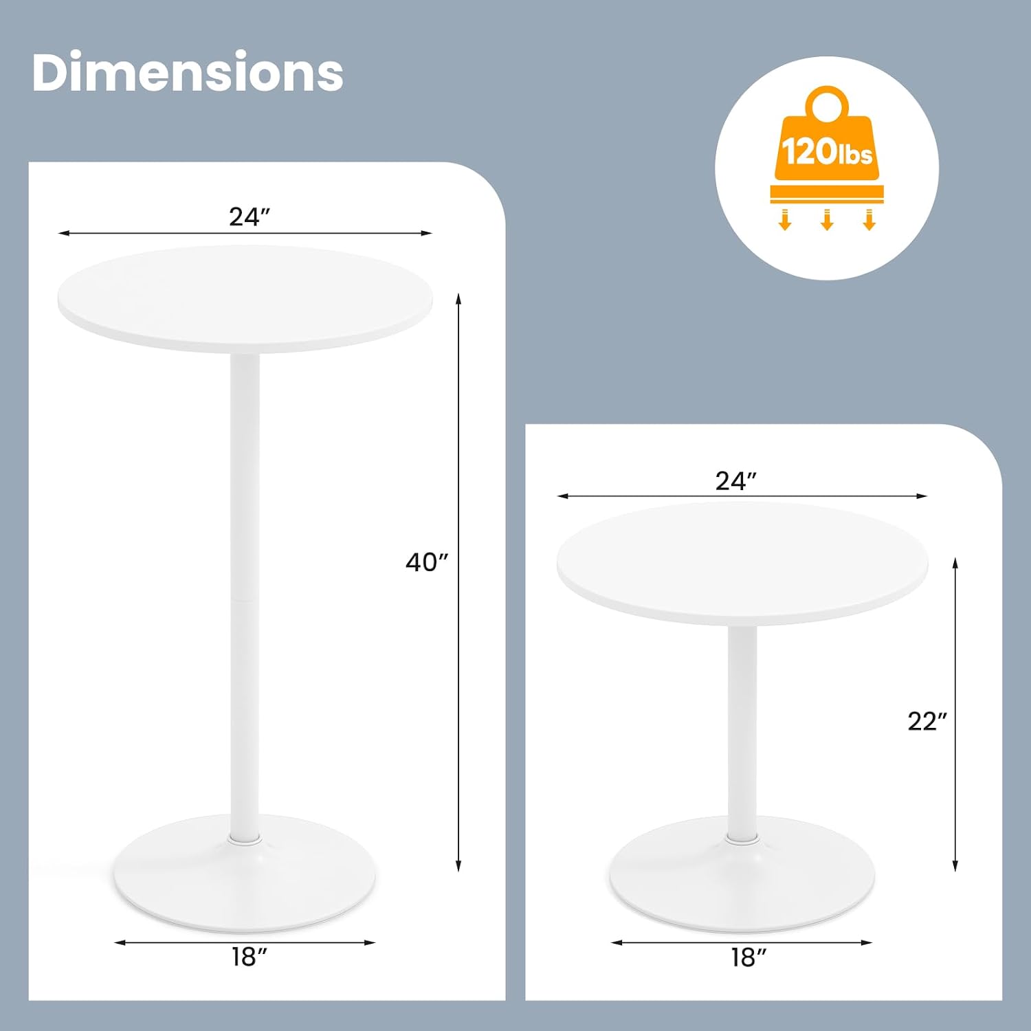 Giantex 6-Pack 2-in-1 Bar Table with Detachable Pole, Metal Base, 24" Round Top, 40"/22" Two Convertible Height, Cocktail Pub Table for Bistro, Dining Room, Restaurant, Kitchen, White