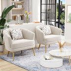 Velvet Accent Chair Set of 2, Barrel Armchair, Beige | Velvet Upholstery, Golden Metal Legs, Comfy Barrel Back, Modern Style, Living Room Bedroom Office