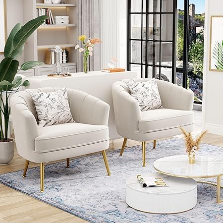Velvet Accent Chair Set of 2, Barrel Armchair, Beige | Velvet Upholstery, Golden Metal Legs, Comfy Barrel Back, Modern Style, Living Room Bedroom Office