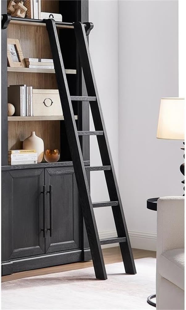 Pemberly Row Decorative Solid Wood Library Ladder, 75.5 in Tall, Black Finish, Metal Hooks, Refreshed Traditional Style, Versatile Home Office or Living Room Accent