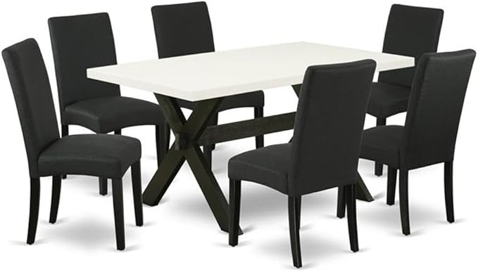 East West Furniture X626DR124-7 7 Piece Kitchen Table Set Consist of a Rectangle Dining Table with X-Legs and 6 Black Color Linen Fabric Parson Dining Chairs, 36x60 Inch, Multi-Color
