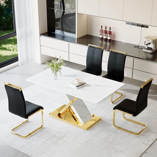 YUNDREAM Modern Marble Dining Table Set for 4,White Gold 63'' Dining ...