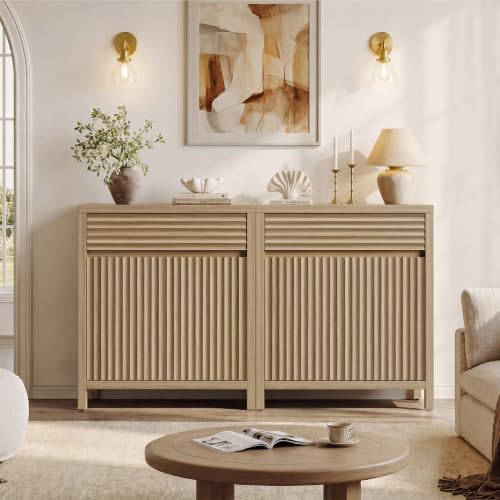 SICOTAS 87" Fluted Buffet Cabinet with Drawers,Large Modern Credenza, 3 PCS