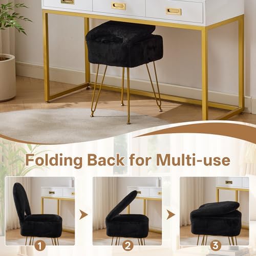 Gitrah Black Vanity Chair with Storage, Folding Back Faux Fur Vanity Stool, M...