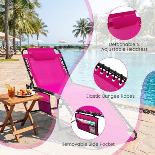 GYMAX Lounge Chairs for Outside, Extra High Folding Beach Tanning Lounger with 4-Level Adjustable Backrest, 2-Level Footrest & Removable Pillow, Sunbathing Lounge for Patio, Lawn, Poolside (1, Pink)
