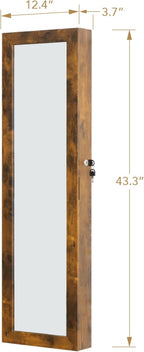 Full Length Mirror Jewelry Cabinet Organizer Lockable Door Wall-Mounted Jewelry Armoire with Shelves and Behind the Door Storage Rustic Brown