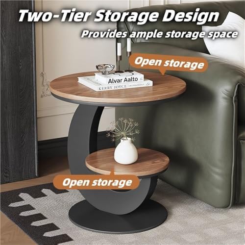 Round Sofa Side Table with 2 Storage Shelves, Vintage Wooden End Tables, Smal...