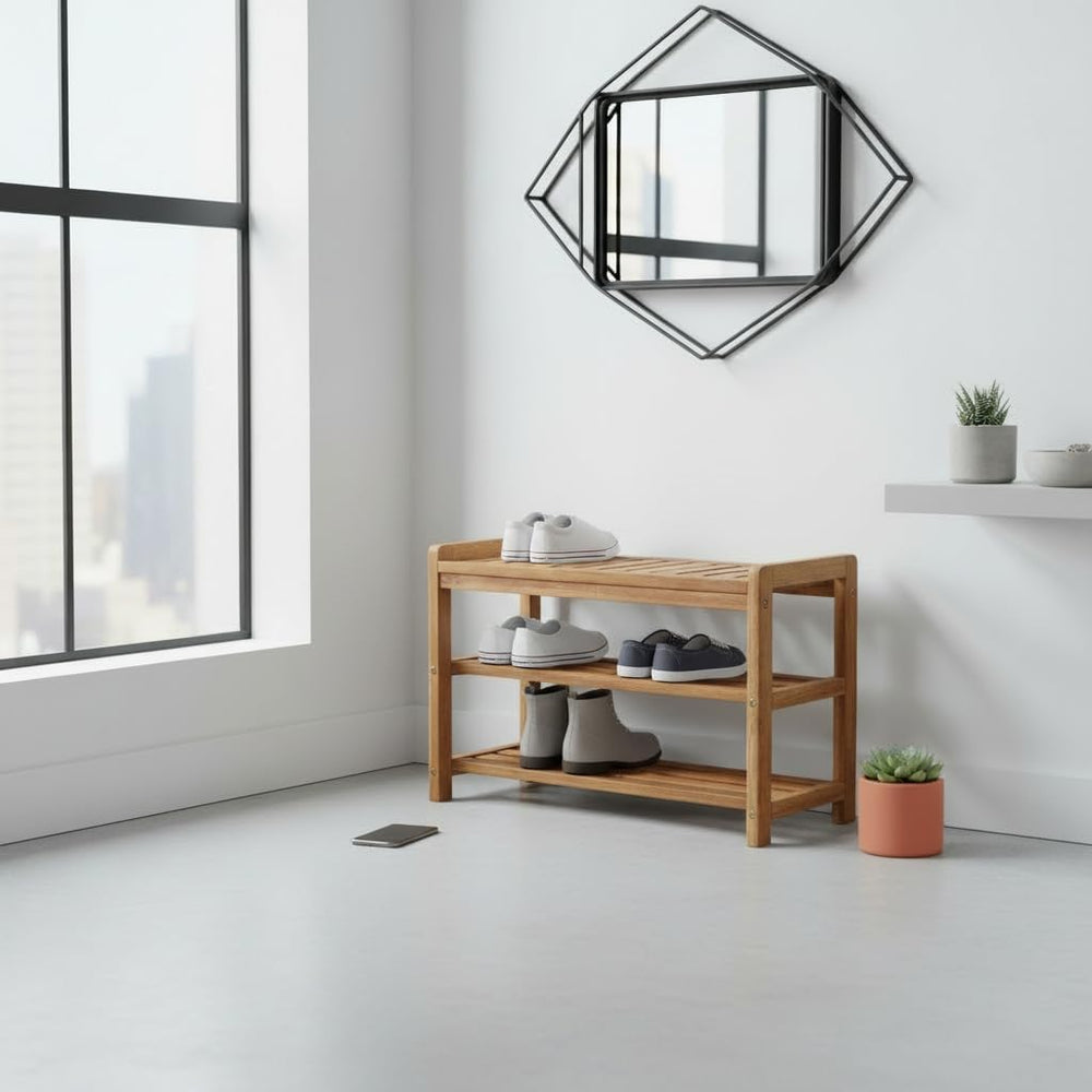 27-Inch Wooden Shoe Bench for Entryway, 3-Tier Storage Organizer, Rustic Shoe...