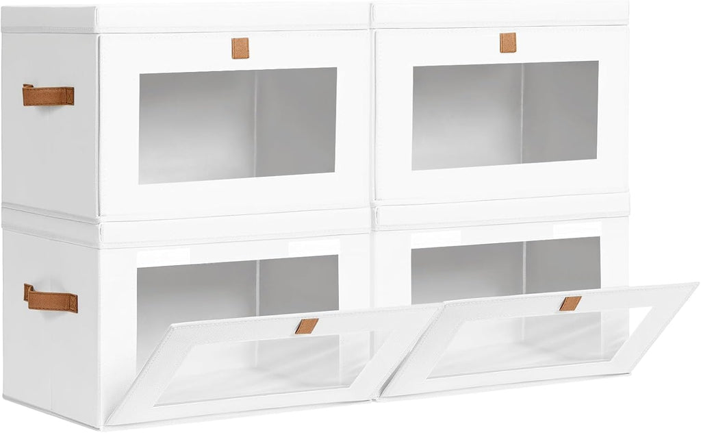 Large Clothing Storage Bins - Collapsible Boxes with Handles & Window, Decorative Organizer Bins with Lids, Fabric Containers for Living Room, Dorm, 4 Pack, White