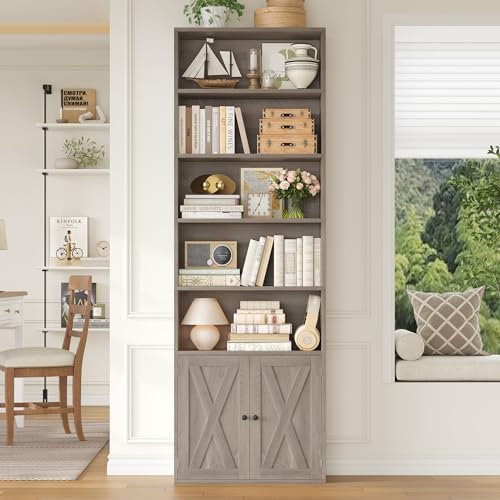 FACBOTALL 82" Tall Bookcase, Farmhouse Bookshelf with Doors, Gray