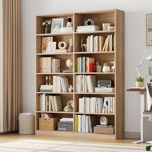 FACBOTALL Bookshelf Tall Bookcase, 6-Tier Double Wide Bookshelves,Light Oak