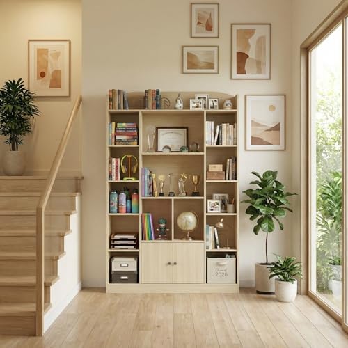 DIYART 63" Tall Oak Bookshelf with 14 Cubbies & 2 Cabinets, 5-Tier L...