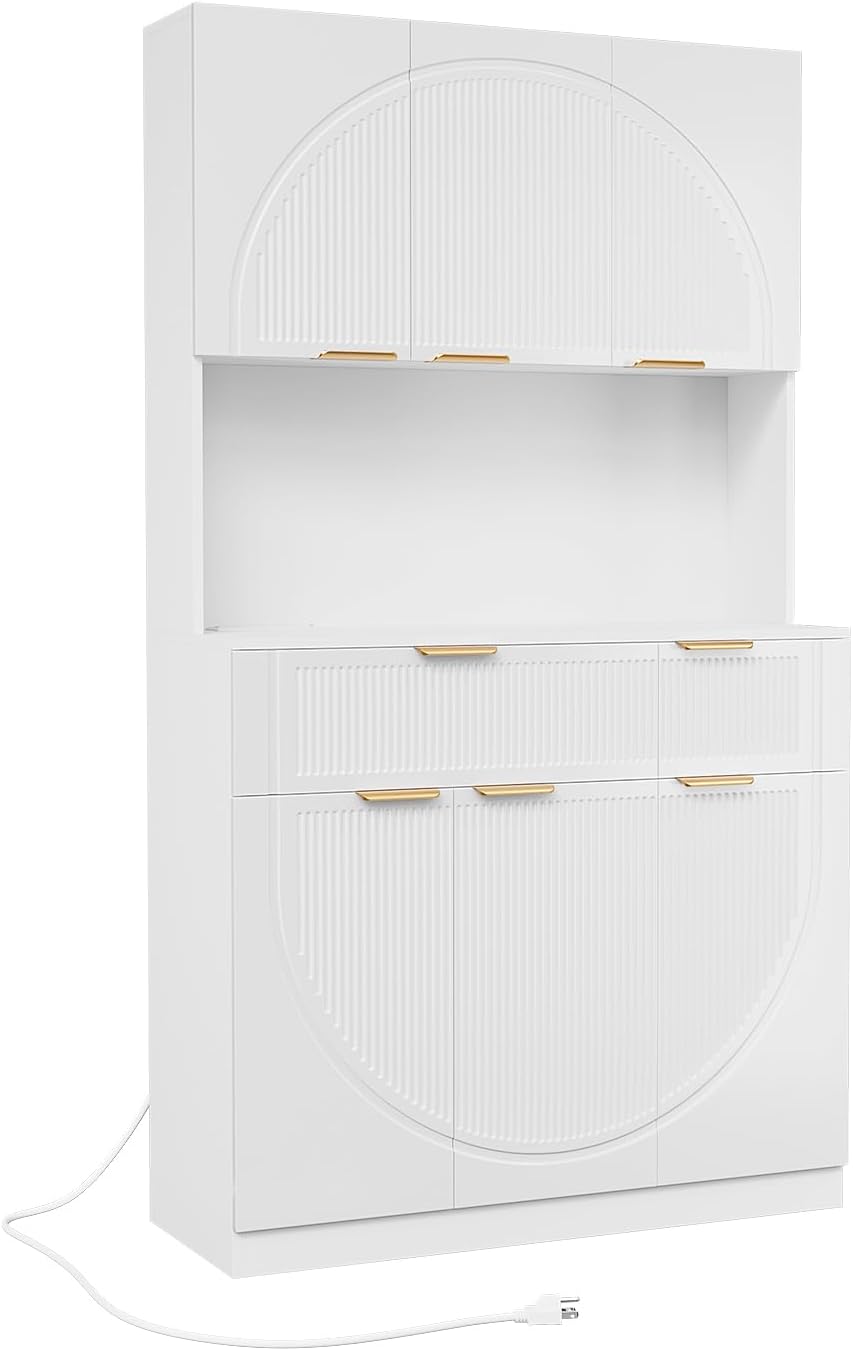 71" Kitchen Pantry Cabinet with Build-in Charging Station, White Modern ...