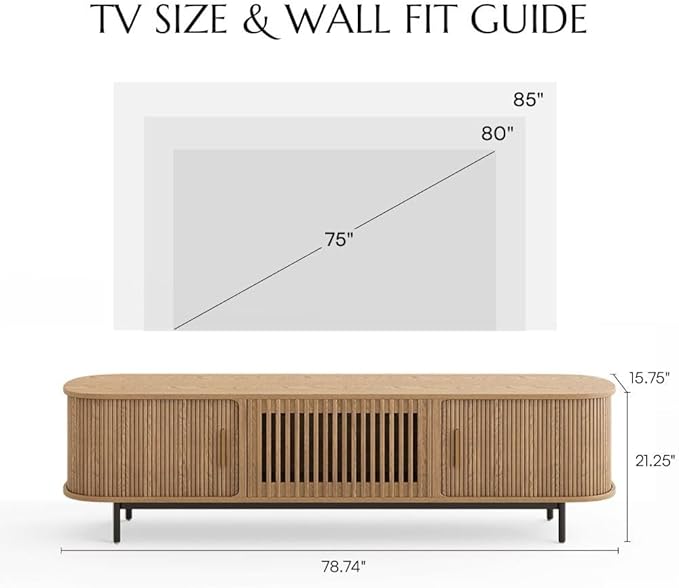 POVISON Fully-Assembled Mid Century Modern TV Stand for 75 inch TV, Sliding Door Entertainment Center with Storage, Wood TV Console, Media Console for Living Room Bedroom(Oak, 78.74")