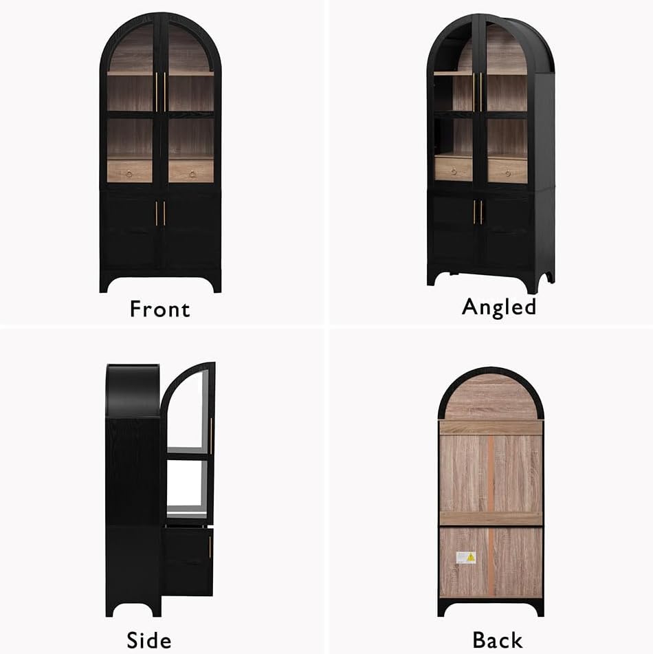71" Tall Arched Kitchen Pantry Cabinet with Adjustable Shelves & Large Drawers, Arched Bookshelf with Storage Cabinet & Glass Doors, Wooden Versatile Cupboard for Dining Room (Black)