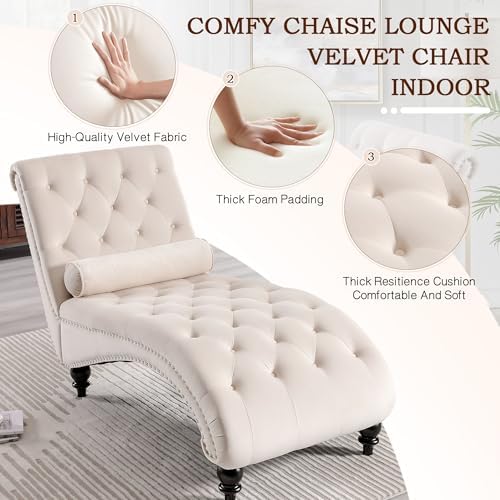 SLEERWAY Chaise Lounge Chair Indoor, Modern Velvet Upholstered Sofa with Soli...