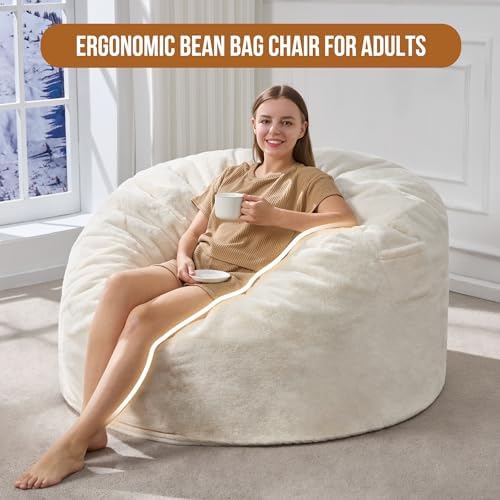 Hobestluk Adult Bean Bag Chair 4FT Large Lounger with Plush Cover, White | Me...