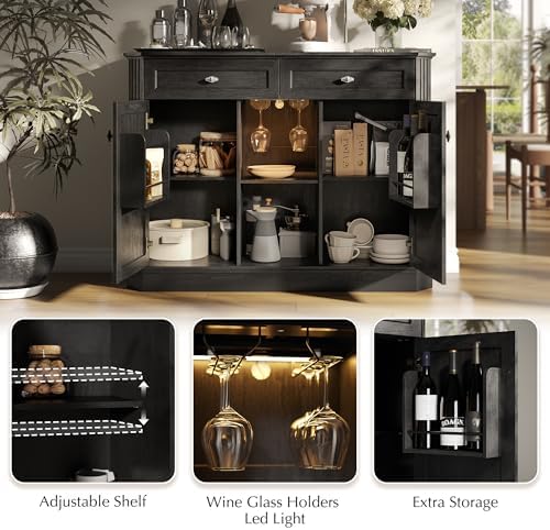 47" Wine Bar Cabinet with LED Light & Power Outlets, 2 Door Coffee B...