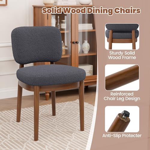 Wooden Dining Chairs Set of 4, Boucle Upholstered Kitchen Chairs with Solid W...