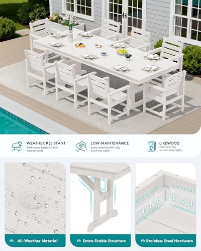 SERWALL 9Pcs 84" HDPE Outdoor Dining Set for 8 with Armchairs,White