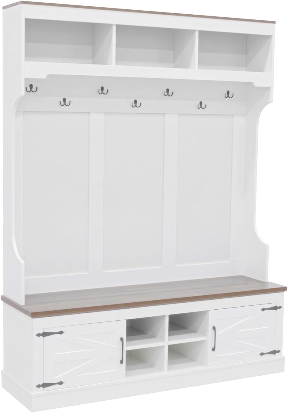 VilroCaz Versatile Hall Tree with 7 Hooks and Shoe Storage, 71''H Farmhouse Wood Coat Rack Entryway Storage Organizer Cabinet with 4 Shoe Cubbies, 54.30'' Wide Hall Tree for Entrance Hallway