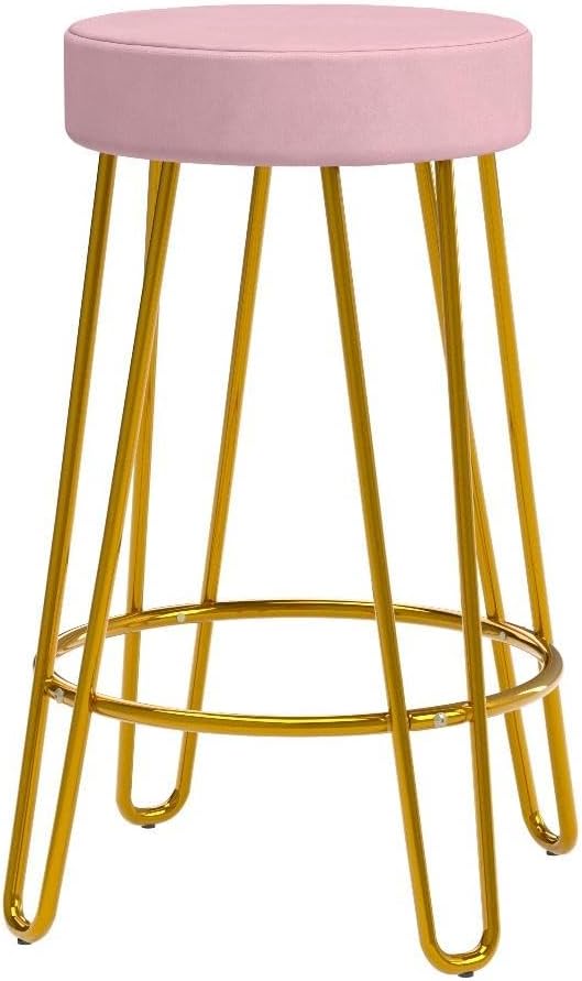 Yaheetech Bar Stools Set of 2, Velvet Round Counter Stools, Backless Counter Height Bar Chairs with Golden Legs for Kitchen Dining Room Pub Cafe, Pink
