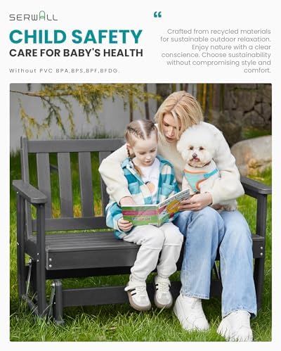 SERWALL 2 Person Patio Glider Bench, HDPE All Weather Swinging Bench, Grey