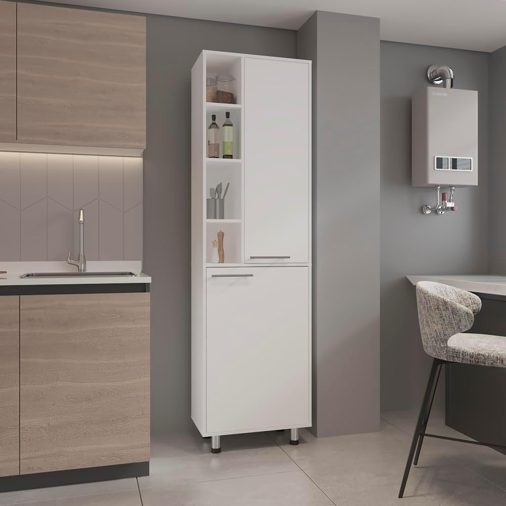White Pantry Cabinet for Kitchen - Vertical Storage Solution with Modern Silver Handles, Ideal for Compact Spaces, Perfect for Utensils, Linens & Accessories, Durable Design