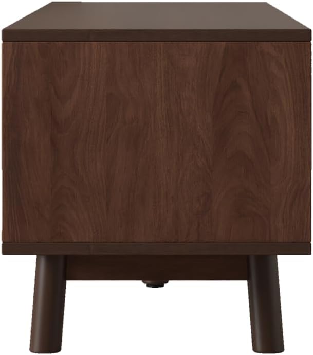 Ball & Cast Mid-Century Modern TV Stand for TVs up to 80", 70" Media Console with Rattan Sliding Doors & 2 Drawers,Solid Wood Legs,Entertainment Center w/Storage for Living Room,Bedroom,Dark Brown