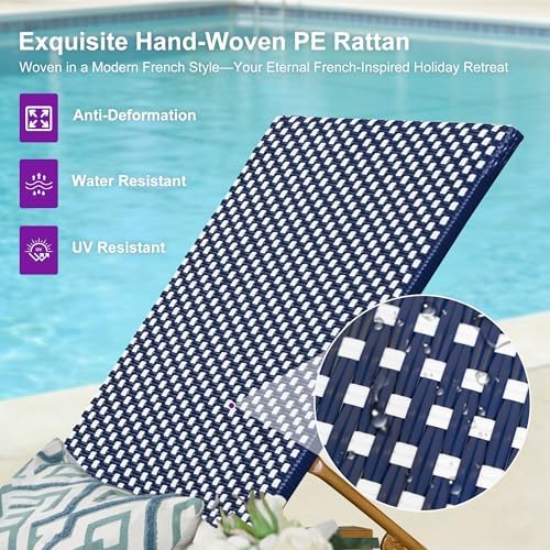 PURPLE LEAF 1 Piece French Patio Chaise Lounge Rattan Teak Frame, Navy | All-...