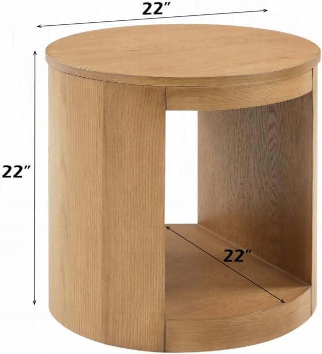 Benzara Sery Side End Table, 22 Inch Round Top with Open Lower Shelf, Oak Brown
