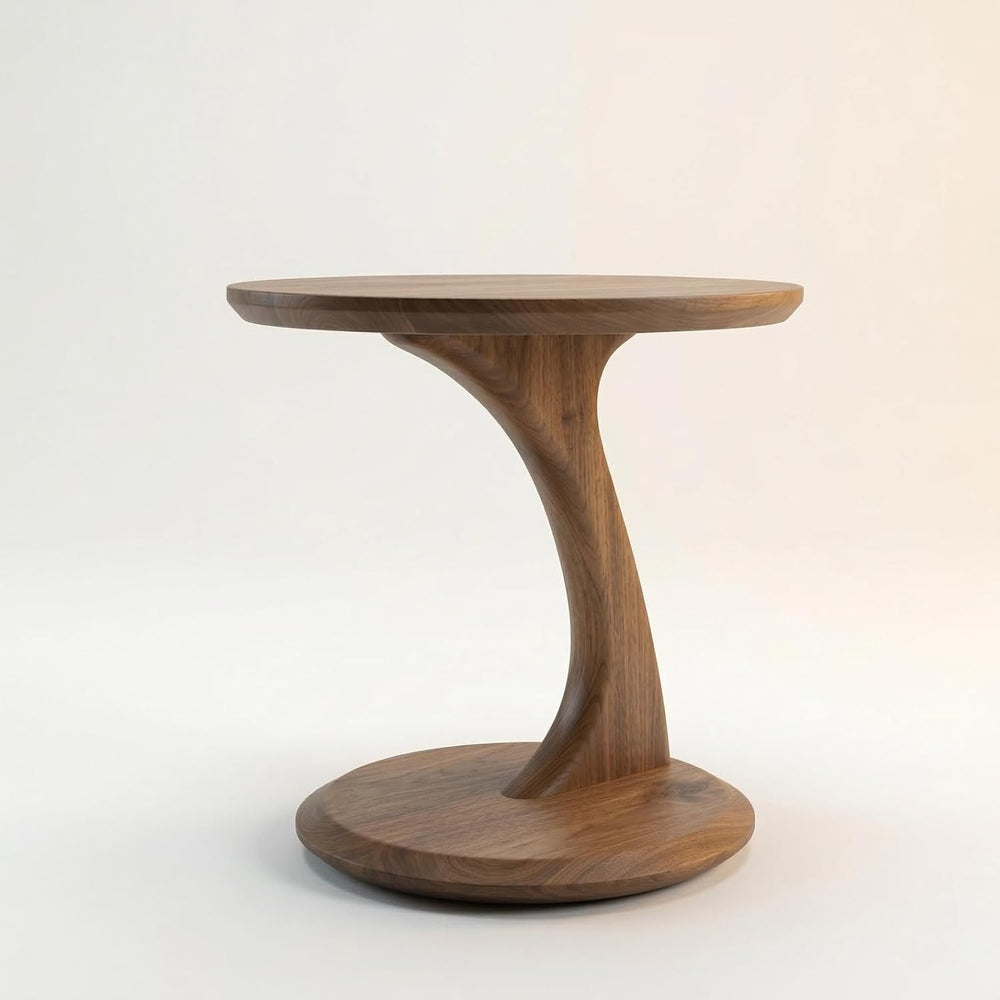 Solid Walnut Finish Sculptural Side Table | Mid-Century Modern Round Pedestal...
