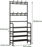 Coat Rack Shoe Rack With Storage Shelf Freestanding with 8 Hooks for Entryway Bedroom Closet 4 Tier, Black