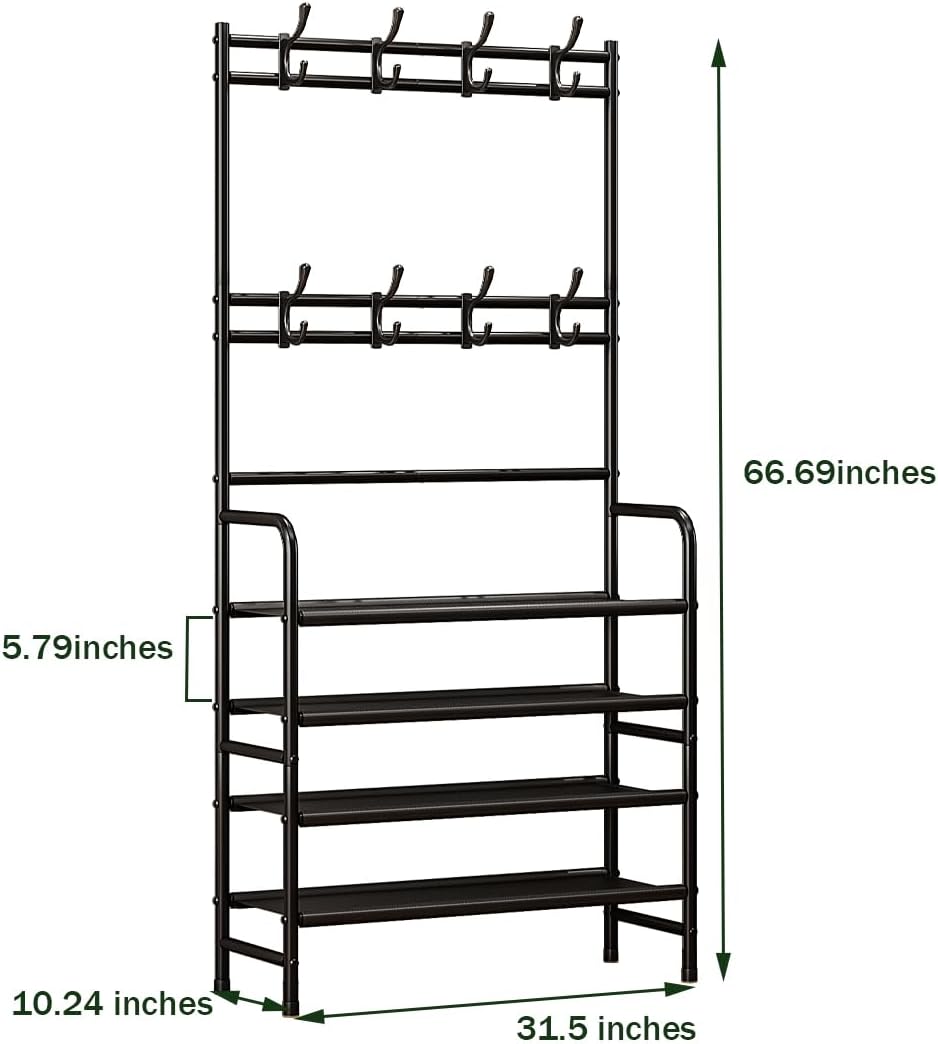 Coat Rack Shoe Rack With Storage Shelf Freestanding with 8 Hooks for Entryway Bedroom Closet 4 Tier, Black