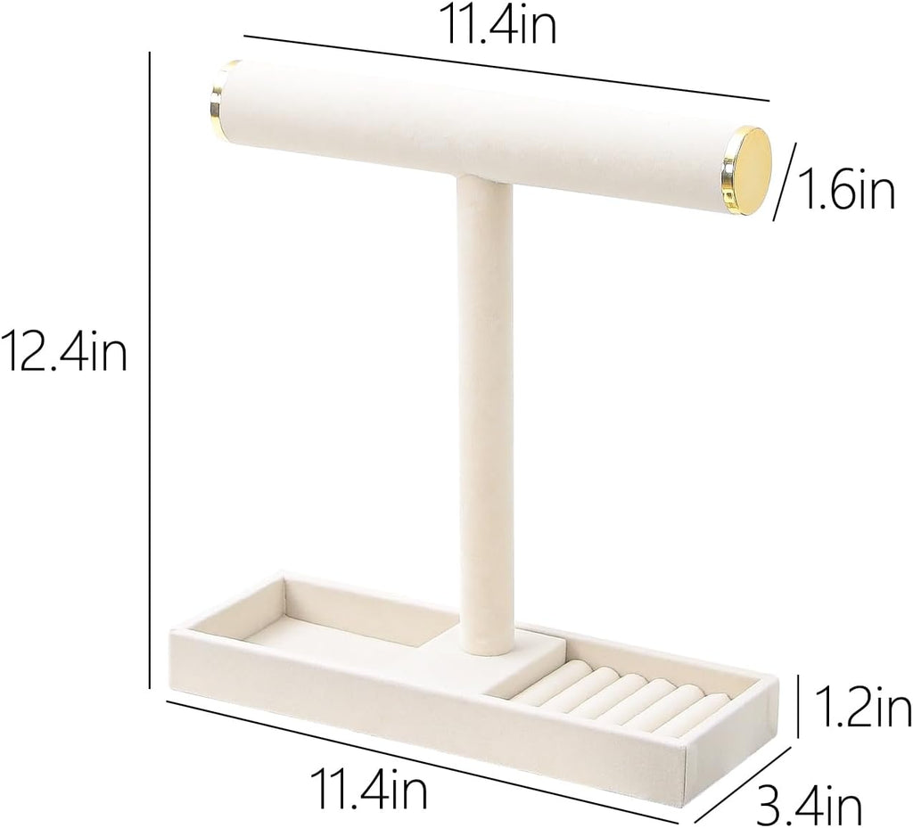 Necklace Display Holder, Bracelet Organizer Stand with Earrings Tray and Metal Lid, Jewelry Scrunchie Watches Tray Rack for Women Home Desk (Beige)