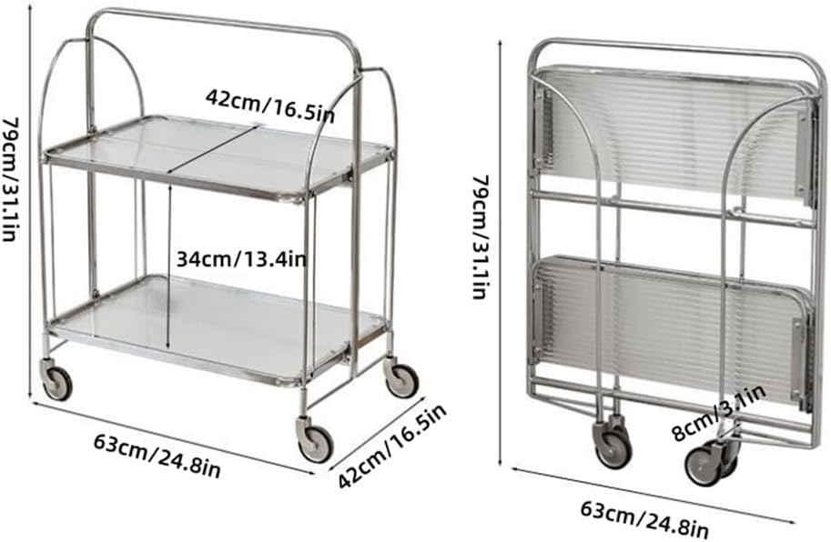 Folding Side Table with Tempered Glass Top, Double Layer Minimalist Rolling C...