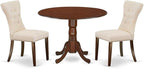 East West Furniture DLGA3-MAH-32 3 Piece Modern Dining Table Set Contains a Round Wooden Table with Dropleaf and 2 Light Beige Linen Fabric Parsons Dining Chairs, 42x42 Inch, Mahogany