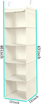 5 Shelves Hanging Closet Organizer, 2 Pack Hanging Storage with 6 Side Pockets for Clothes Shoes, 43"x12"x12"(Beige)