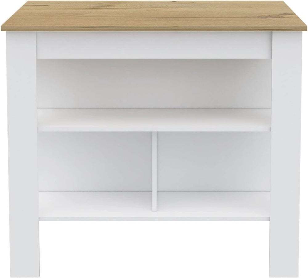 Kitchen Island with Open Shelves, White and Light Oak | 3 Storage Shelves, Wi...