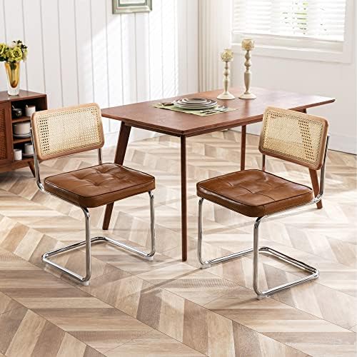 ONEVOG MCM Rattan Dining Chairs Set of 4, Faux Leather Retro Chair with Natur...
