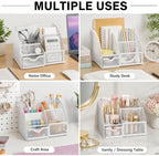 Exerz Desk Organizer 7 Compartments Metal Mesh Pen Holder Caddy White | Compact White Desktop Storage for Notes Clips Scissors Rulers Craft Tools Makeup Study and Home Use