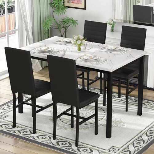 Hooseng Dining Table Set for 4, 5-Piece Faux Marble Dinner Table Set with 4 U...