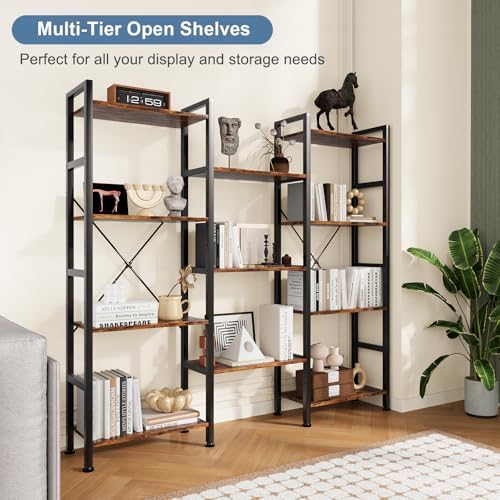 DUMOS Triple Column 4 Tier Bookshelf, Wide Industrial Bookcase, Brown