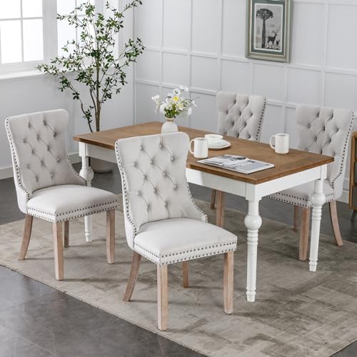 Modern Beige Upholstered Dining Chairs Set of 6 with Solid Wood Legs