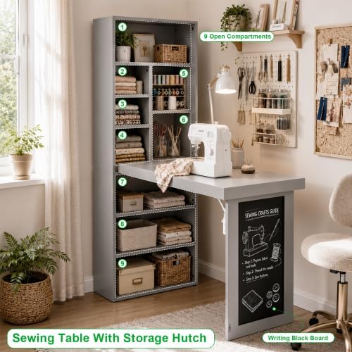 Fold-Out Desk Craft Table, Wall Mounted Desk Cabinet with Chalkboard | Multi-...
