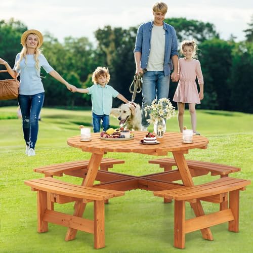 GIANTEX 8-Person Round Picnic Table Set with 4 Benches, 550 LBS Bench Capacit...