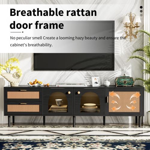 Rattan TV Stand for 75 Inch TV, Modern Farmhouse Media Console with Solid Wood Legs, Multi-Functional Storage & Cable Management, Easy Assembly Entertainment Center for Living Room Home