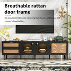 Rattan TV Stand for 75 Inch TV, Modern Farmhouse Media Console with Solid Wood Legs, Multi-Functional Storage & Cable Management, Easy Assembly Entertainment Center for Living Room Home