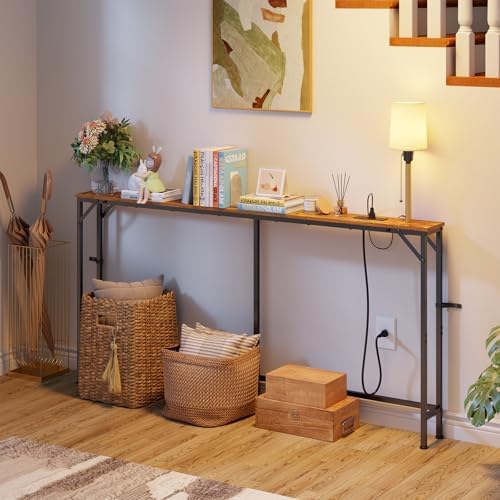 keomaisyto 63 Inch Narrow Console Table with 3-Color Adjustable Light and Cha...